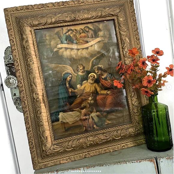 Antique Religious Print Holy Family Joseph Mary Jesus Angels Blessed Gesso Frame - Picture 1 of 10